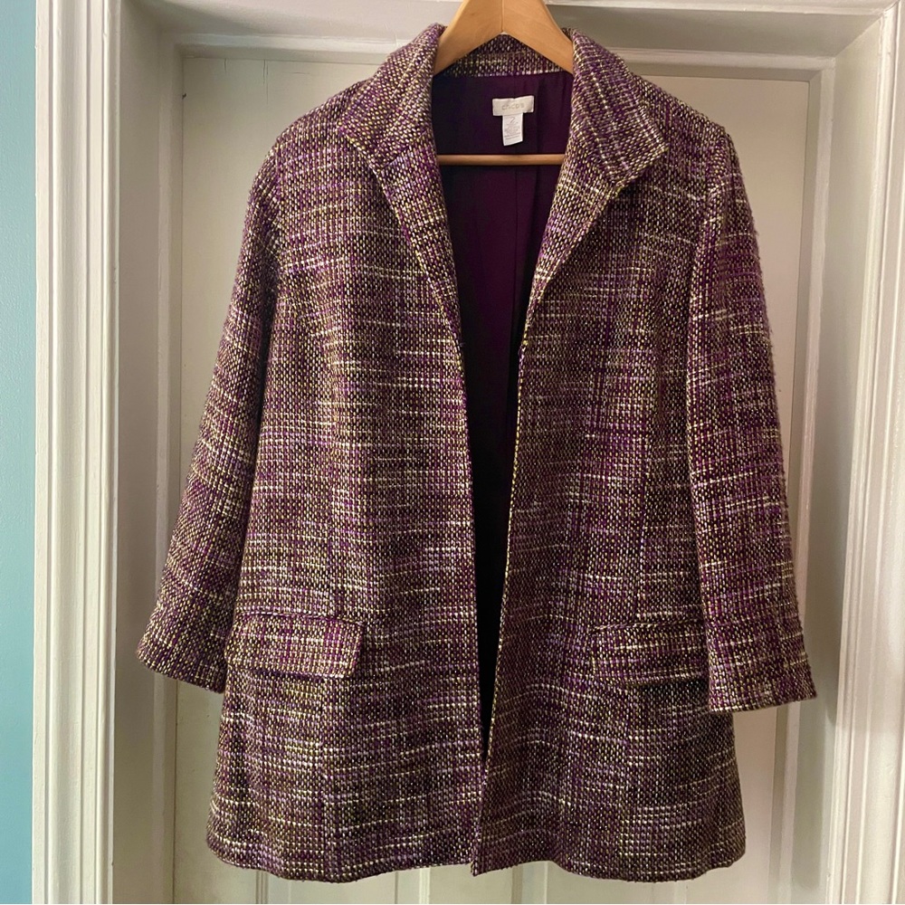 Chicos Purple Tweed Blazer Jacket Metallic Size L